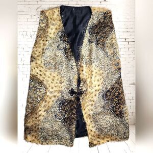 Handmade Textured Fuzzy Vest – Black & Gold Brocade  Frog Closure 28" Lng FLAWED